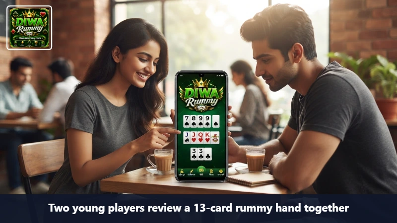 Two young players review a 13-card rummy hand together