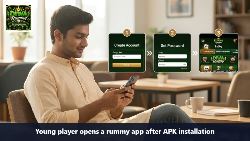 Young player opens a rummy app after APK installation