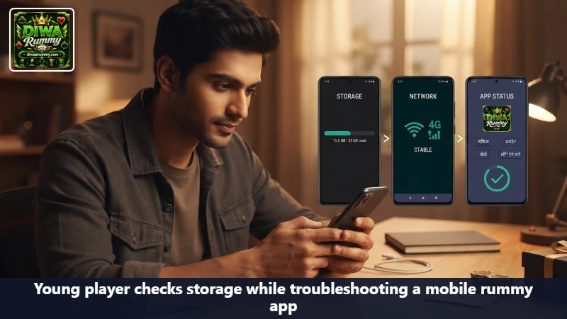 Young player checks storage while troubleshooting a mobile rummy app