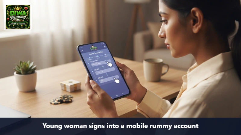 Young woman signs into a mobile rummy account