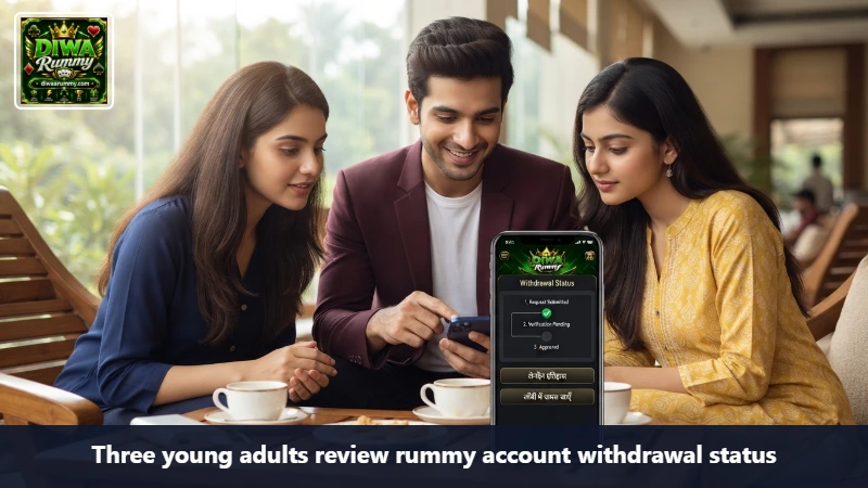 Three young adults review rummy account withdrawal status